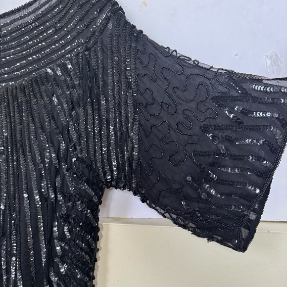 Frank Usher Vintage 1980 100% Silk Sequin Beaded Top Evening Crew Lined Black L - Picture 14 of 16